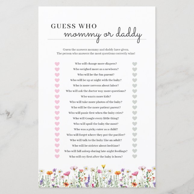 Mama of Papa Baby Shower Spel Papierblad (Voorkant)