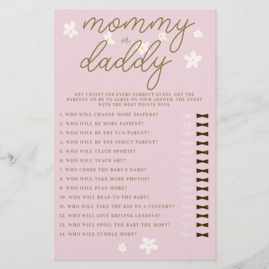 Mama of papa Guess Baby shower Spel Daisies Roze Flyer (Voorkant)