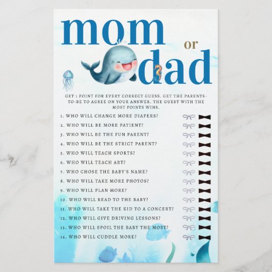 Mama of papa Guess Baby shower Spel Leuke Walvis Flyer (Voorkant)