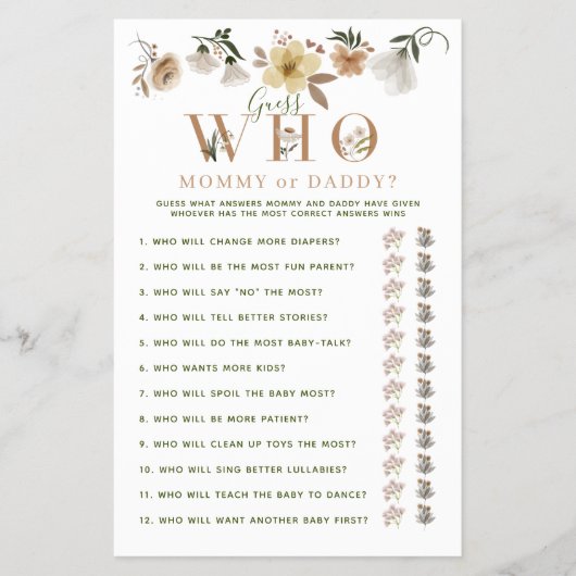 Mama of Papa spel Boho bloemetjes baby shower Flyer (Voorkant)