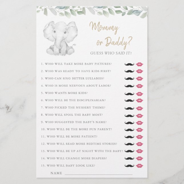 Mama of papa Spel Olifant Groen Baby shower (Voorkant)
