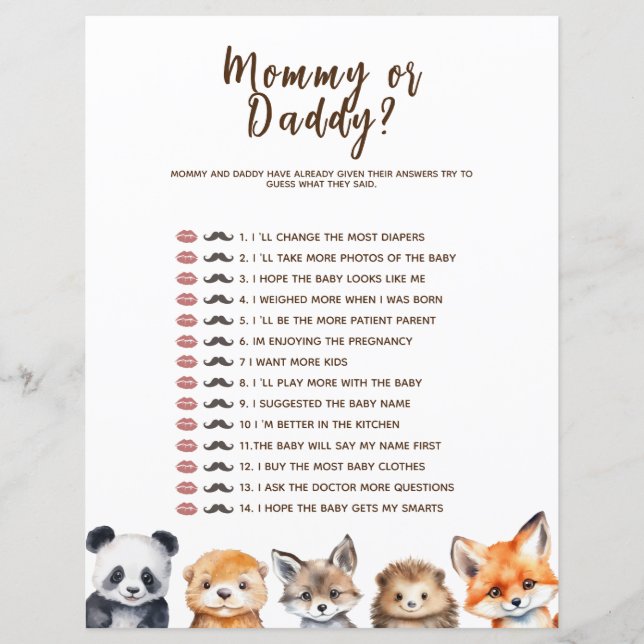 Mama of papa Woodland Dieren Baby shower Spel (Voorkant)