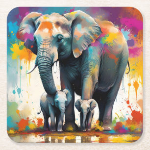 Mama Olifant En Baby Olifanten Kleurensplash, Kartonnen Onderzetters