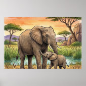 Mama Olifant en Kalveren Nursery Poster (Voorkant)