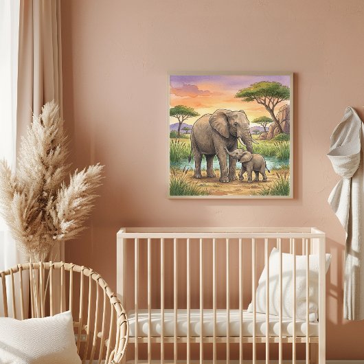 Mama Olifant en Kalveren Nursery Poster
