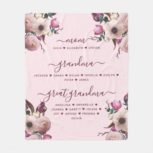 Mama oma & overgrootmoeder met namen Bloemen Fleece Deken (Voorkant)