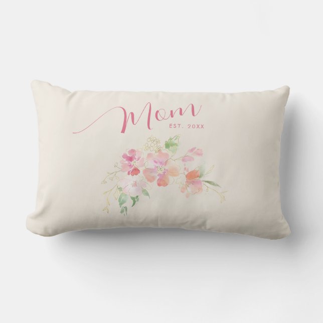Mama Opgericht Blush Roze Bloemen Waterverf Beige Kussen (Voorkant)