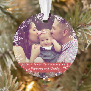 Mama Papa Eerste Kerst Sneeuwvlokken Rode Foto Ornament