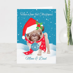 Mama & papa, Pugdog met Schattigee kerstmuts en or Feestdagen Kaart