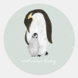 Mama Penguin Winter Sneeuw Blauw Jongen Baby showe Ronde Sticker