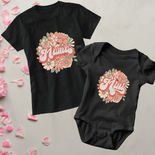 Mama Retro Bloemboeket Roze Koraal Typografie T-shirt