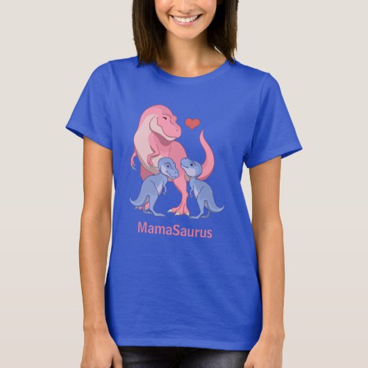 Mama Saurus Pink T-Rex Twin Blue Baby Dinosaurs T-shirt (Voorkant)