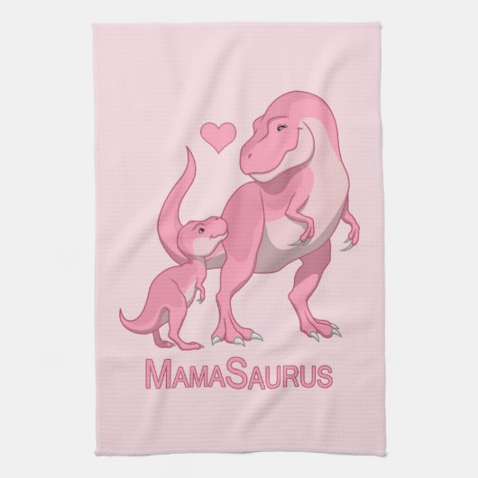 Mama Saurus T-Rex en Baby Girl Dinosaurs Theedoek (Verticaal)