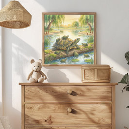 Mama Schildpad en Jongen in Vijverkwekerij Poster