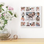 Mama Script Family Memory Photo Grid Collage Vierkante Klok<br><div class="desc">Een mooi gepersonaliseerd cadeau voor je mama dat ze nog jaren zal koesteren. Biedt een moderne collage van dertien foto's op het raster om 13 van uw eigen speciale familieherinneringen weer te geven. "Mama" is ontworpen in een mooie, handgeschreven zwarte scriptstijl. Elke foto is voorzien van een eenvoudig goudkleurig lijst....</div>