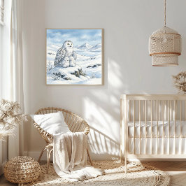 Mama Snowy Owl and Owlets Nursery Poster