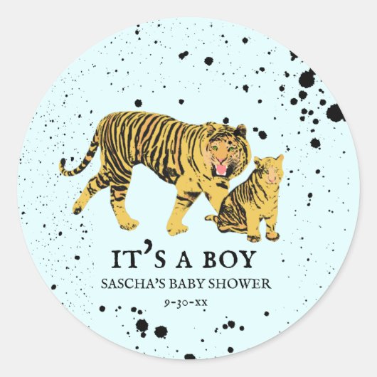 Mama Tiger Paint Splatter Blue Boy Baby shower Ronde Sticker (Voorkant)