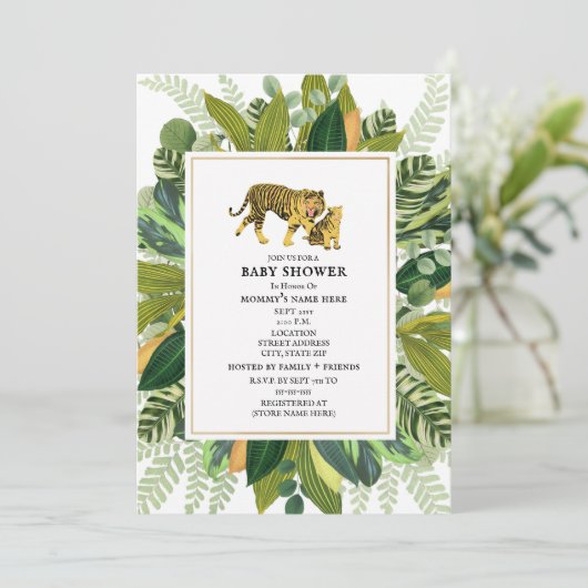 Mama Tiger Tropical Greenery Baby    ShowerInvitat Kaart (Staand voorkant)