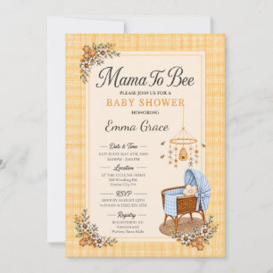 Mama to Bee Baby Shower met blauwe geruite wieg Kaart
