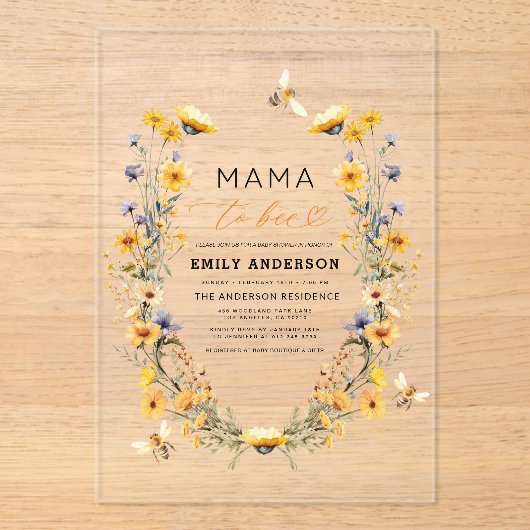 Mama to Bee Wildflower Genderneutraal Baby shower Acryl Uitnodigingen (Voorkant)