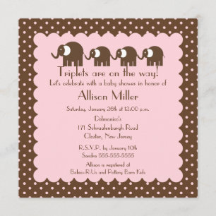 Mama & triplet Girls Baby Elephant Baby shower Kaart
