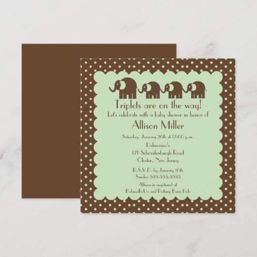 Mama & Triplets Elephant Baby shower Kaart (Voorkant / Achterkant)