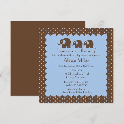 Mama & Twin Baby Elephants Boy Baby shower Kaart (Voorkant / Achterkant)