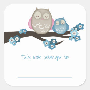 Mama Uil & Baby {Blauw}   Boekplaten Vierkante Sticker
