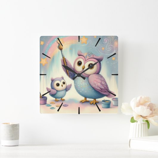 Mama Uil & Baby Vierkante Klok (Huis)