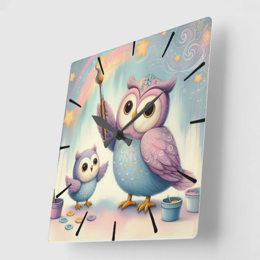 Mama Uil & Baby Vierkante Klok (Hoek)