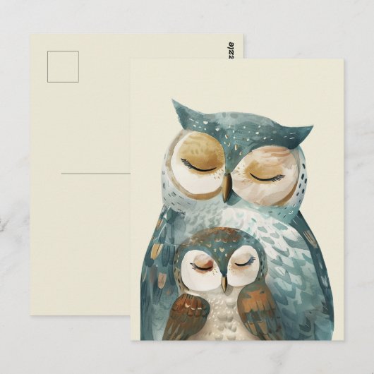 Mama Uil & Owlet Waterverf Woodland Moederdag Briefkaart (Voorkant / Achterkant)