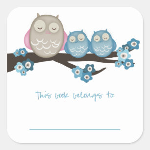 Mama Uil & Twins {Blauw}   Boekplaten Vierkante Sticker