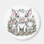 Mama Varkens en Baby Biggen in Bloemen Magneet (Voorkant)