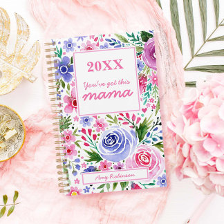 Mama Waterverf Roze en Paarse Bloemen Patroon Planner