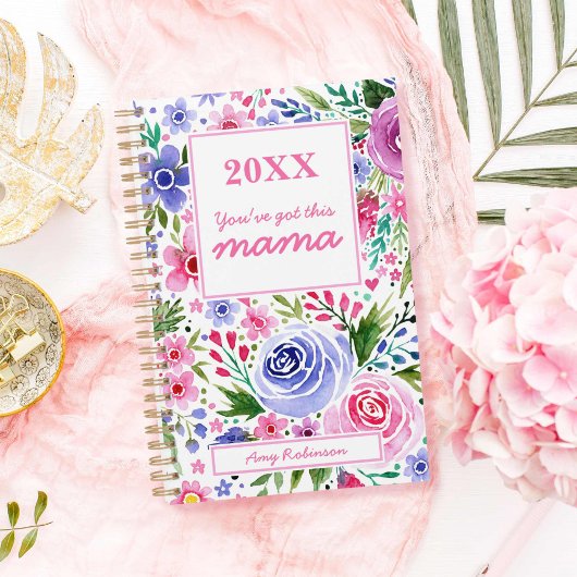 Mama Waterverf Roze en Paarse Bloemen Patroon Planner