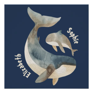 Mama Whale Navy Blue Monogram Naam Moederdag Perfect Poster