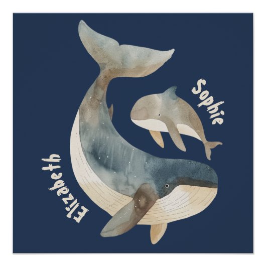 Mama Whale Navy Blue Monogram Naam Moederdag Perfect Poster (Voorkant)
