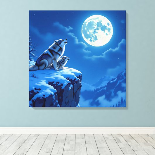 Mama Wolf and her Cub Howling at Moon Canvas Afdruk (Insitu (Houten vloer))