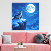 Mama Wolf and her Cub Howling at Moon Canvas Afdruk (Insitu (Woonkamer))