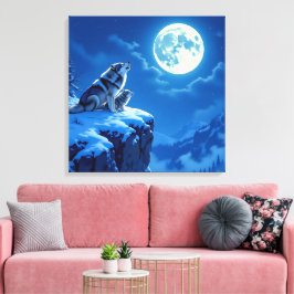Mama Wolf and her Cub Howling at Moon Canvas Afdruk