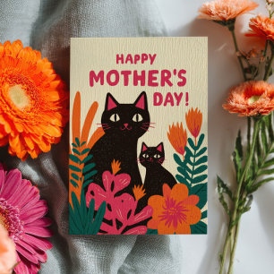 Mama Zwarte Kat & Kitten Bloemen Gelukkige Moederd Kaart