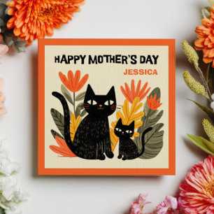 Mama Zwarte Kat & Kitten Bloemige Gelukkige Moeder Notitiekaartje