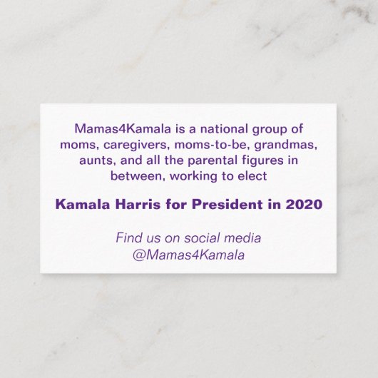 Mamas4Kamala-kaarten Visitekaartje (Achterkant)
