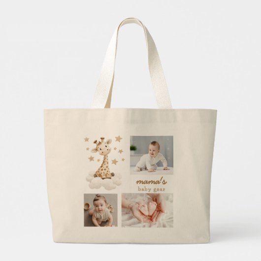 Mama's Baby Gear Photo Collage Schattigee Giraffe Grote Tote Bag (Achterkant)