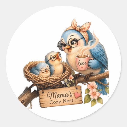 Mama's Cozy Nest – Moeder Vogel & Baby Sticker (Voorkant)