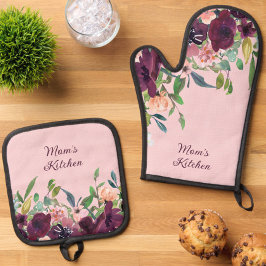 Mama's Keuken Bourgondië Roze Bloemen Ovenwant & Pannenlap Set