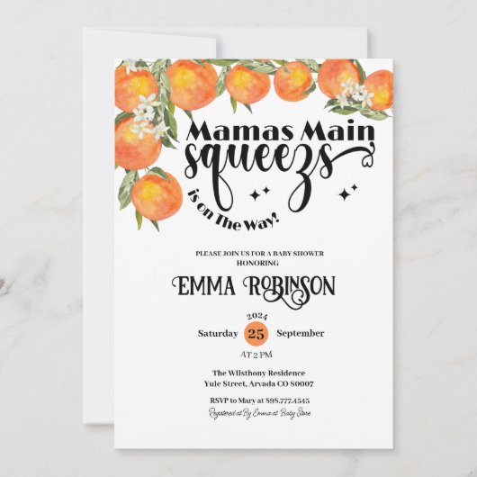 Mamas Main Squeeze Baby shower Sinaasappel Waterve Kaart (Voorkant)