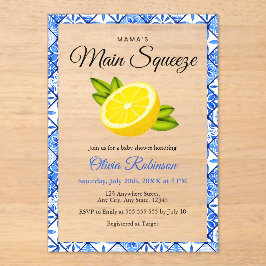 Mama's Main Squeeze Blue Tegel Citroen Baby shower Acryl Uitnodigingen