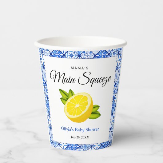 Mama's Main Squeeze Blue Tegel Citroen Baby shower Papieren Bekers (Voorkant)