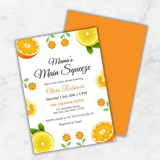 Mama's Main Squeeze Oranje Citrus Baby shower Kaart